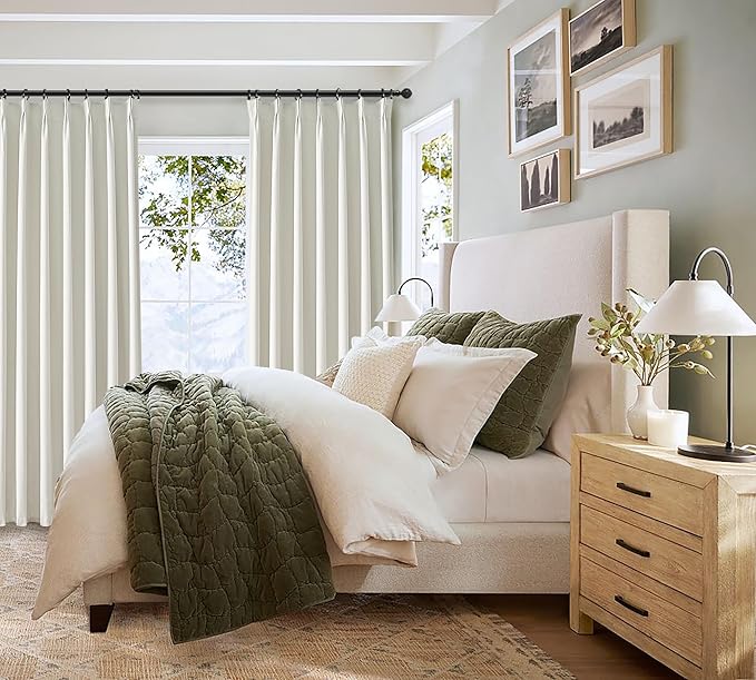 Beige White Pleated Room Darkening 100 Inch Curtains for Living Room, Neutral Thick Linen Blend Curtain Blackout Thermal Window Drapes with Hooks&Rings for Ceiling Track 40" Wx100 L 2 Panels