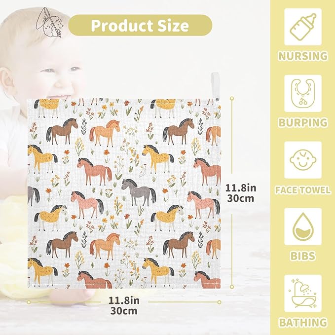 vvfelixl Baby Muslin Washcloths Cartoon Horses Graze Baby Burp Cloths Cotton Babys Face Towel for Newborn Infants Boys Girls Soft and Absorbent 11.8 X 11.8 in, 3 Pack
