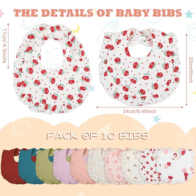 Seematn 10 Pcs Baby Muslin Bibs for Unisex Girls & Boys Drool Bibs Bandana Ruffle Soft Cotton for Newborn Infants Toddlers(Pastel Colors)