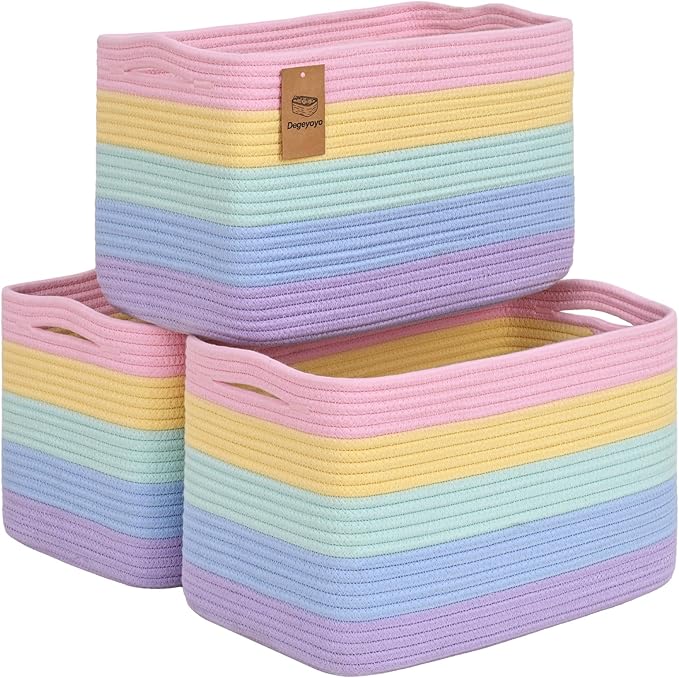 Woven Storage Baskets, Rainbow Baskets for Organizing, 3 Pack Woven Basket for Storage, Storage Baskets for Shelf, Towel, Toy, Book, Closet, Baby 15"×10"×9"
