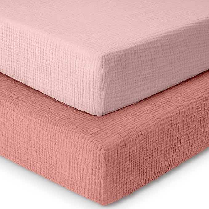 Dreamology Pack and Play Sheets,Mini Muslin Crib Sheet,2 Pack,100% Cotton Crib Sheets,Soft,Breathable,Mini Crib Sheets Fitted,Girls,Boys,Pack n Play Sheets Fitted,24x38 Mini Crib Sheet | Rose,Pink