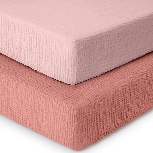 Dreamology Pack and Play Sheets,Mini Muslin Crib Sheet,2 Pack,100% Cotton Crib Sheets,Soft,Breathable,Mini Crib Sheets Fitted,Girls,Boys,Pack n Play Sheets Fitted,24x38 Mini Crib Sheet | Rose,Pink