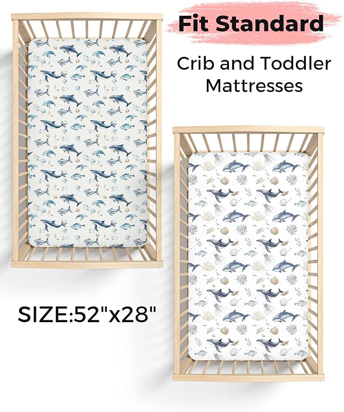 Crib Sheets for Boys and Girls, 2 Pack Fitted Baby Sheets for Standard Toddler Mattress 28" x 52", Soft Breathable Jersey Knit Baby Bedding (Turtle & Shark)