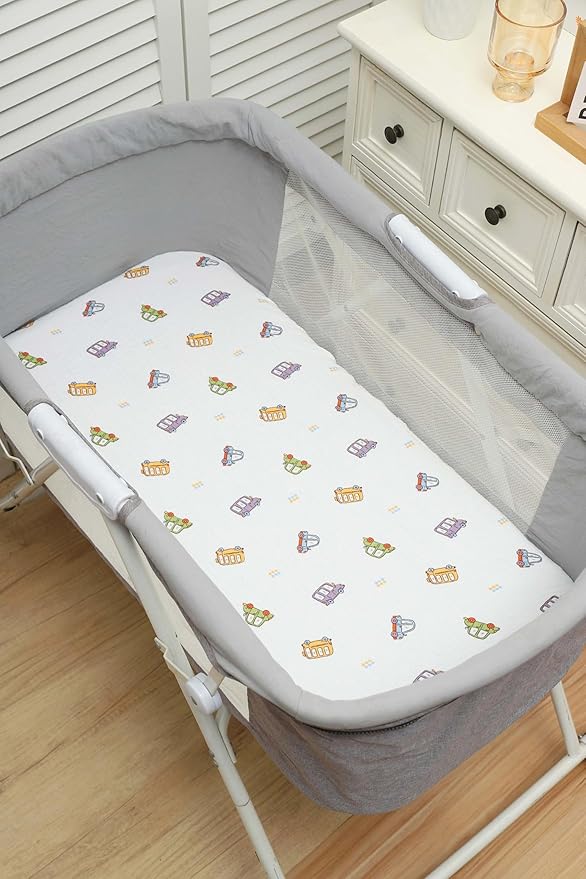 Onacosht Muslin Bassinet Sheets 3 Pack, 100% Cotton Baby Fitted Sheet 33" X 17" for Standard Rectangle Round Oval and Hourglass Bassinet Mattress, Dinosaur Car and Blue
