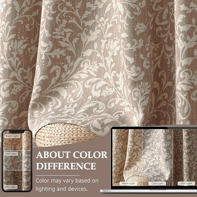 jinchan 80% Blackout Curtains for Living Room, Farmhouse Drapes with Scroll Floral Patterned for Bedroom, Grommet Top Thermal Insulated Curtains, Vintage Country Drapes 96 inch Length 2 Panels Taupe