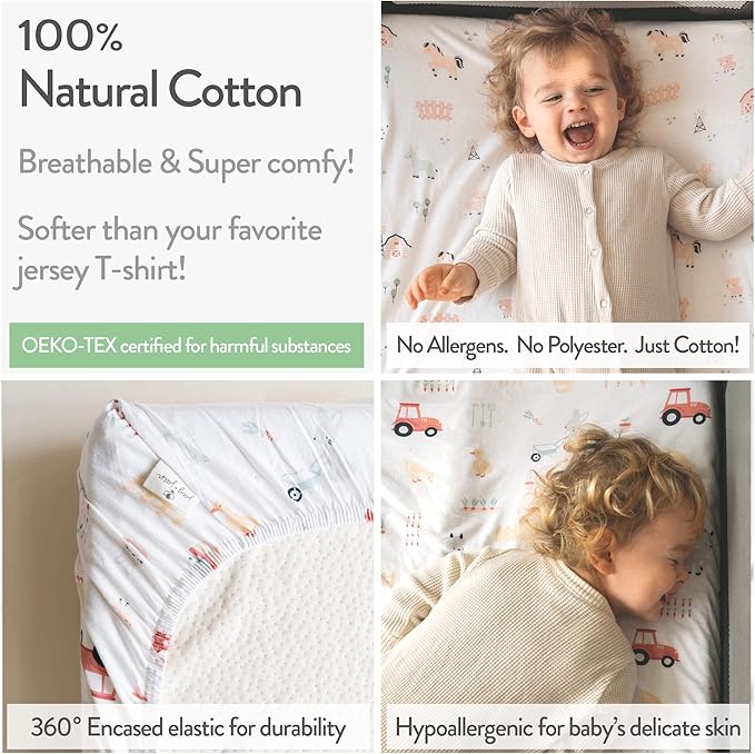 Cradle Sheets Fitted 18 x 36 Inch – Snuggly Soft 100% Jersey Cotton – Farm Animals – 2 Pack