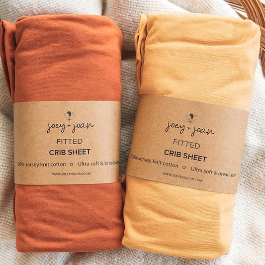 Joey + Joan Fitted Crib Sheets 28 x 52 – Compatible with Standard Crib Mattress and Toddler Bed – 100% Jersey Cotton – Mustard Yellow + Burnt Orange – 2 Pack