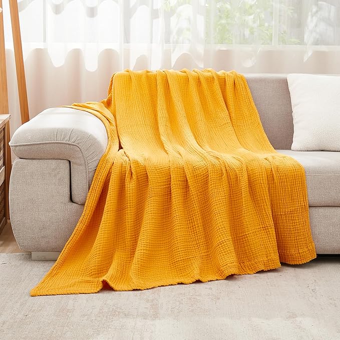 EMME Cotton Muslin Twin XL Blanket Breathable Gauze Blanket Soft Lightweight Blankets Adults Gifts for Women (Mustard Yellow, 66"x90")