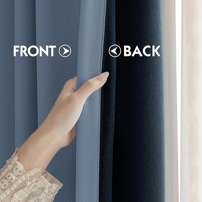 FMFUNCTEX 100% Blackout Curtains for Bedroom, Slate Blue Curtains 84 Inches Long Weave Textured Thermal Insulated Curtains for Living Room, Black Out Drapery Grommet Room Darkening 2 Panels