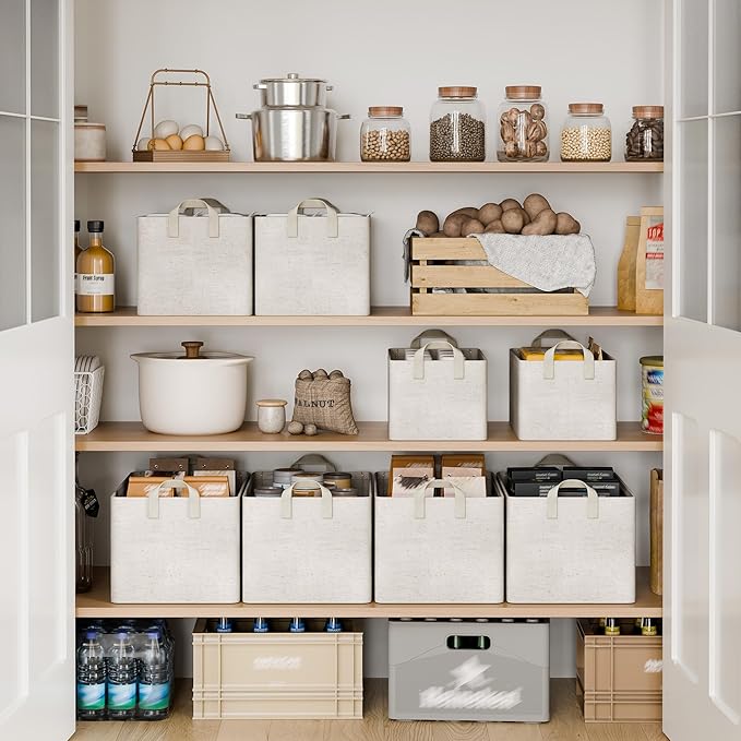 StorageWorks Storage Bins, Shelves Baskets for Organizing, Large Fabric Closet Organizers with Handles, Metal Frame, Beige?Cotton-linen?, 2-Pack