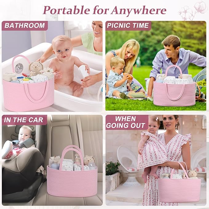 19L Baby Diaper Caddy Organizer, 16.8"x9.8"x9" Cotton Rope Diaper Basket, Changing Table Storage Caddy With Removable Divider, Baby Basket for Nursery, Car, Diapers, Baby Shower Gifts for Newborn