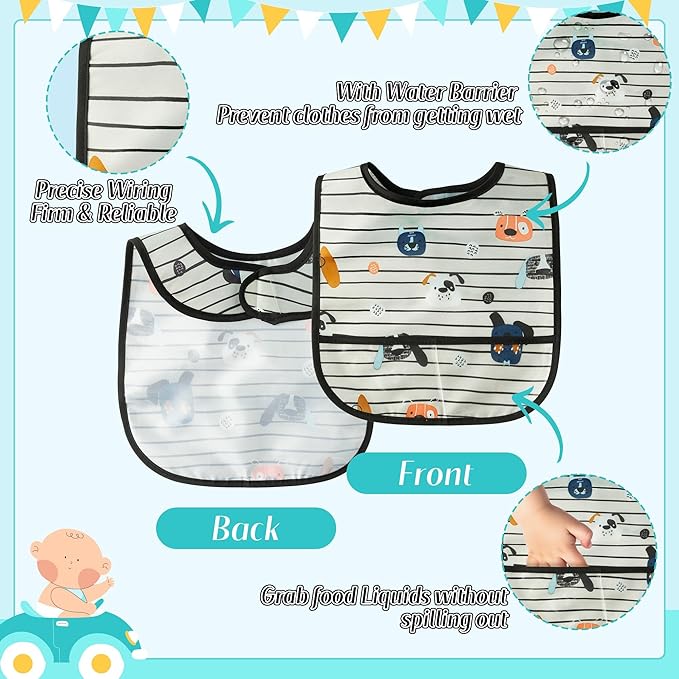 2ooya 6Pcs Waterproof Toddler Bibs Baby Feeding Bib Set with Crumb Catcher Pocket, Infant Adjustable Baby Teething Bib, Babies Sleeveless Vehicles Food Bibs Keepsake Gift for Baby Shower, 6-24 Months