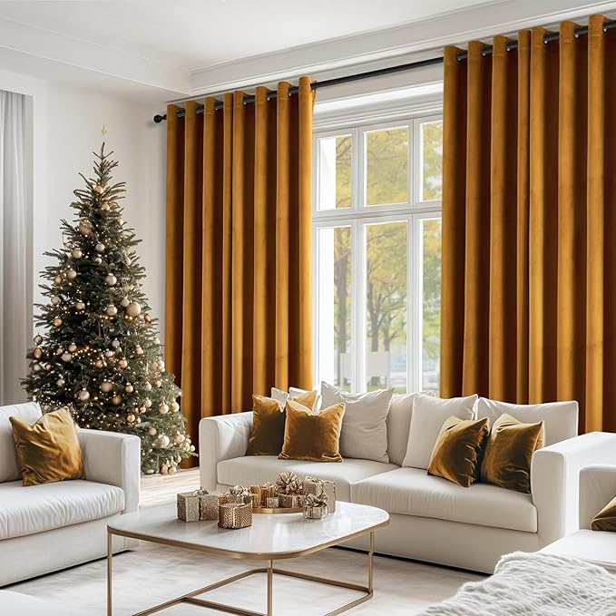 Topfinel 92 Inches Long Custom Velvet Curtains, Dark Brown Yellow Viral Floor Length Suede Grommet Gold Drapery Panels for Track, Noise Cancelling Aesthetic Theater Acoustic Drapes Set of 2