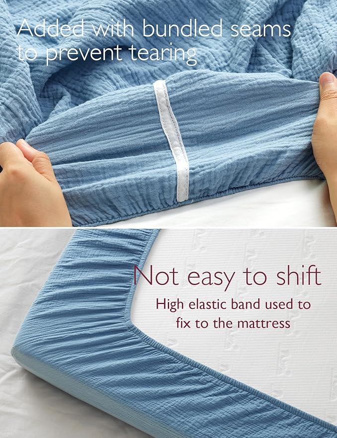 Momcozy Muslin Standard Fitted Crib Sheets, 52"x28", 2 Pack Soft Breathable Natural Cotton Baby Mattress Sheet, 360° Mattress Wrapping No Slip Boys Girls Neutral Toddler Bed Sheet, Grey Blue