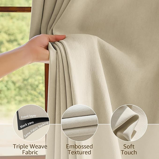 jinchan Chenille Blackout Curtains 108 Inches Long Beige Thermal Insulated Curtains for Living Room Bedroom 2 Panels Triple-Weave Noise Reducing Drapes Back Tab Privacy Window Curtains 50x108 Inch