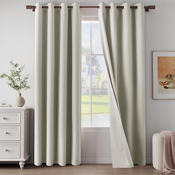100% Blackout Linen Textured Curtains for Living Room, Bedroom, Light Weight Curtains with Grommets Top, Full Blackout Curtains Privacy Protection, Natural Linen, 52" W x 90" L, 2 Panels