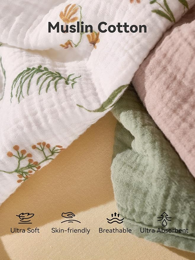 TILLYOU Muslin Burp Cloths Baby Boy Girl 20" x 10", 6-Layer Absorbent 100% Cotton Burping Cloths Large Soft, 10 Pack(Daisy)