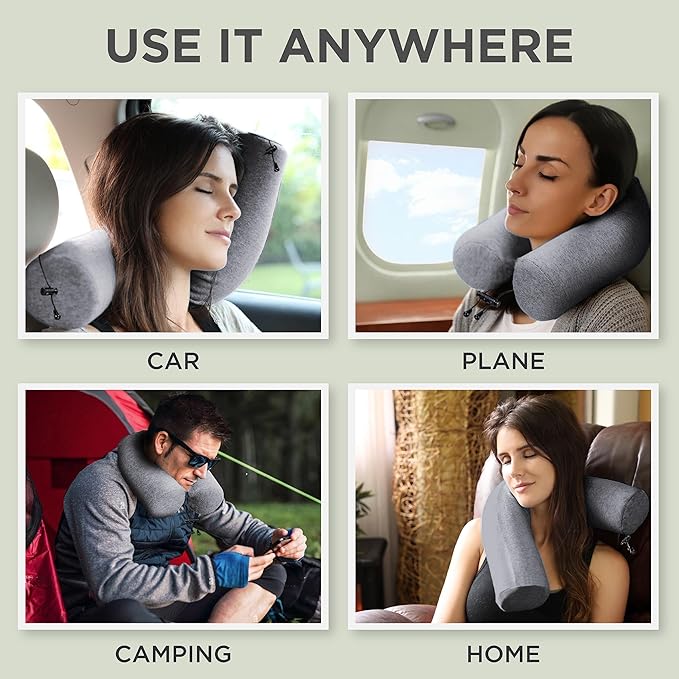 Dot&Dot Twist Memory Foam Travel Pillow for Airplanes - Travel Neck Pillow for Sleeping - Airplane Pillow for Neck Support, Chin, Lumbar and Leg - Adjustable, Bendable Neck Roll Pillow, Steel
