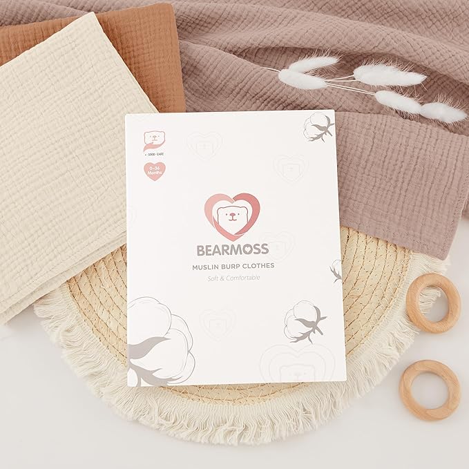 Bearmoss 100% Cotton Muslin Burp Cloths, 6 Pack Absorbent Large Baby Burping Cloths for Boy, Girl, 23.6" X 23.6" Newborn Essentials (Brown)