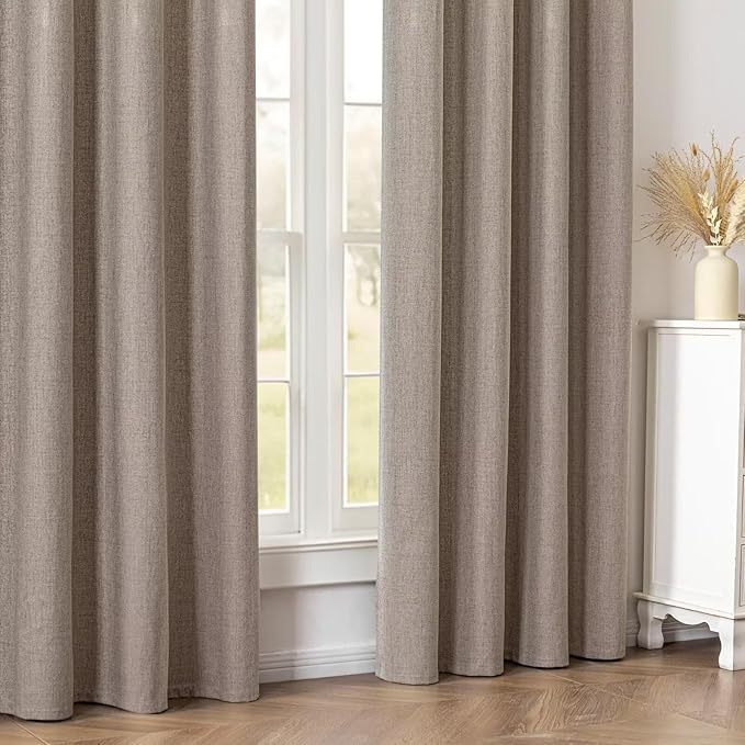 100% Blackout Curtains 90 inch Length 2 Panels Faux Linen Long Drapes for Bedroom Living Room Black Out Room Darkening Curtain Thermal Insulated Back Tab Rod Pocket(W37 x L90, Beige)