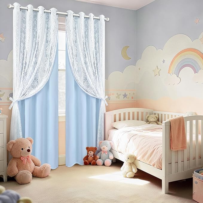 Yinhua Blue Curtains for Living Room Blackout Curtains for Bedroom 84 Inches Long Double Layer Curtain with Tiebacks, Thermal Insulation Grommet Drapes for Nursery Dining Room, 52" W x 84" L