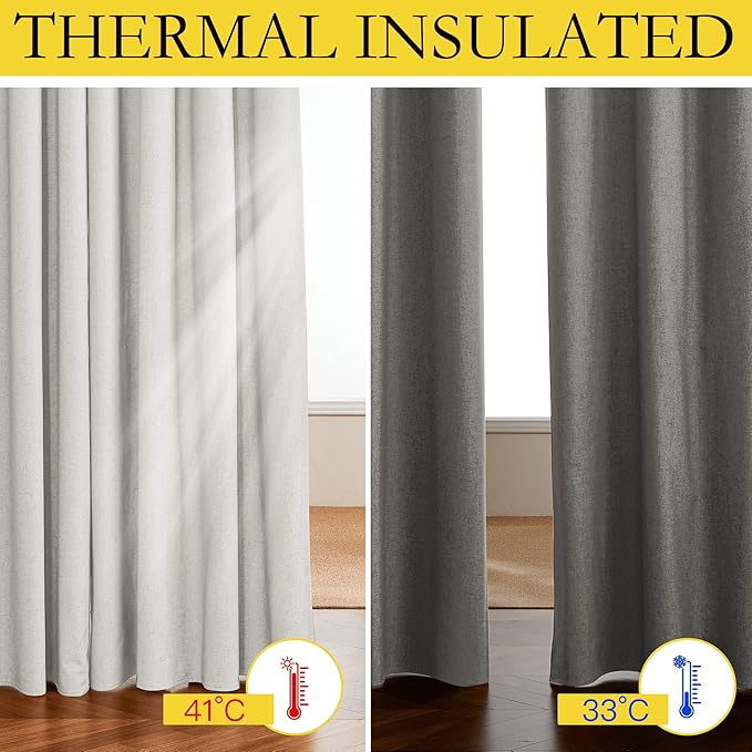 NICETOWN 100% Absolutely Blackout Linen Curtains with Thermal Insulated White Liner, Ivory, W52, 2 Pieces, Back Tab Noise Reducing Textured Linen Look Windows Curtains 95" Length for Classroom