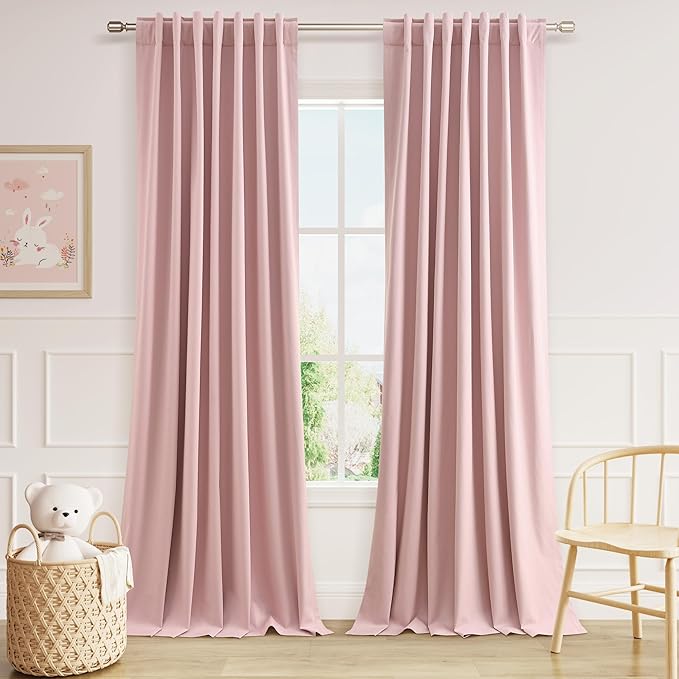 Guken 100% Blackout Linen Curtains 102 Inch 2 Panels Set for Girl's Bedroom, Living Room, Nursery, Back Tab Thermal Insulated Black Out Drapes Room Darkening, Pink