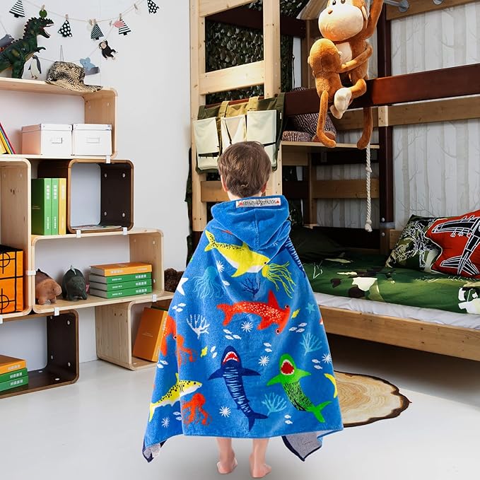 VOOVA & MOVAS Hooded Towel for Toddlers 3-8 Years,30''X50'',Soft | Thick | Cotton | Absorbent | Large Beach | Pool | Bath | Swim Towels | Cover up for Boys, Shark Fish