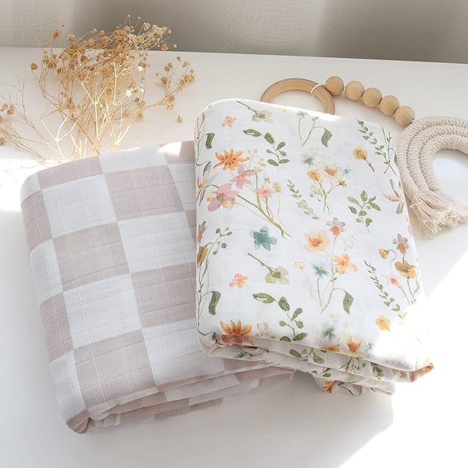 LifeTree Muslin Swaddle Blankets for Baby Girl, 2-Pack 70% Viscose from Bamboo and 30% Cotton Large Swaddle Blankets (47" x 47"), Floral & Dusty Pink Checkered