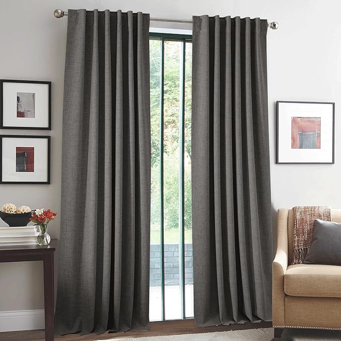 RYB HOME 100% Blackout Linen Textured Curtains 96 inches Long, Thermal Insulating Privacy Energy Saving for Bedroom Living Room Window Office Theater Baby Nursery, W 52 x L 96 in, Grey, 2 Panels