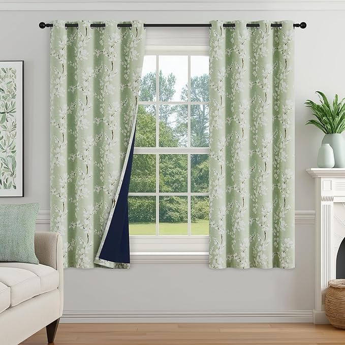 FMFUNCTEX 100% Blackout Floral Curtains for Bedroom, Sage Green Curtains 54 inch Length Blossom Patterned for Living Room, Thermal Insulated Farmhouse Drapes, Grommet Top 2 Panels (White on Green)