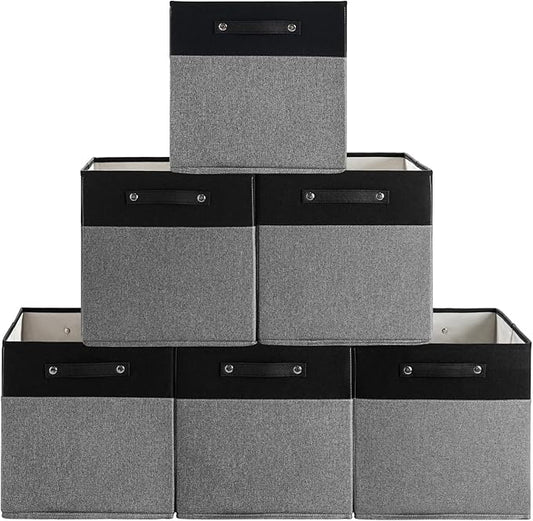13 x 13 Inch Fine Linen Storage Bins with Handles，Fabric Cube Boxs，Basket Organizers for Shelves for Home, Closet Drawers (Black/Gray-6 Pack)