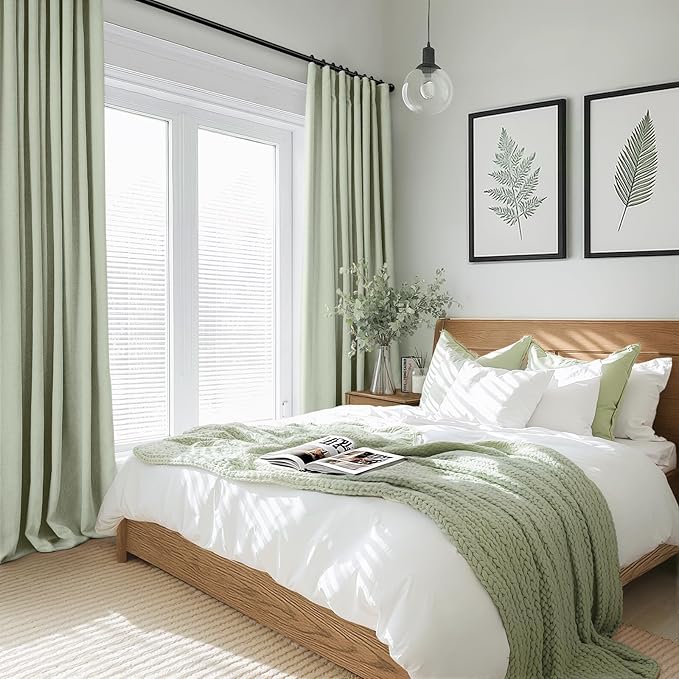 INOVADAY 100% Blackout Curtains for Bedroom, Black Out Curtains 102 Inch Long, Clip Rings Linen Blackout Drapes, Thermal Insulated Room Darkening for Living Room, 2 Panels - Sage,W50xL102