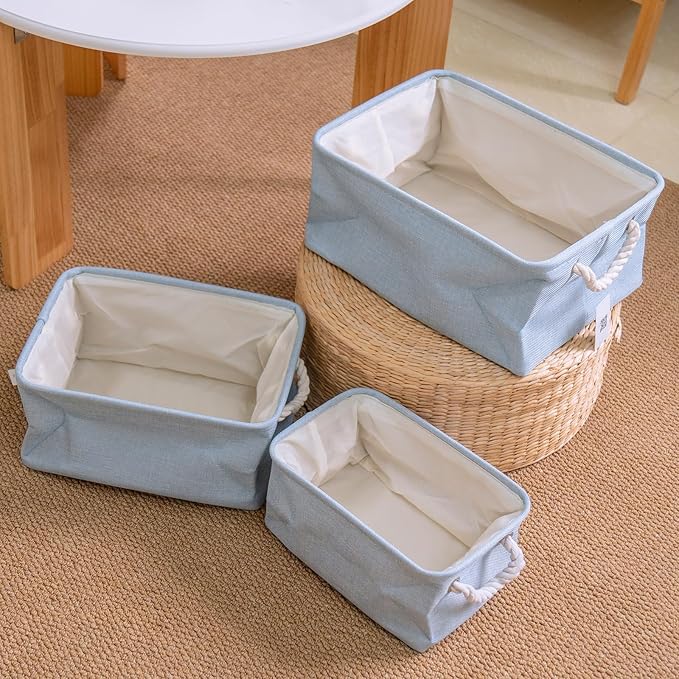Storage Baskets for Shelves, Closet Organizer Bins, Clothes Storage Bins with Metal Frame, Large Baskets for Organizing and Storage, Collapsible Blue 3-Pack