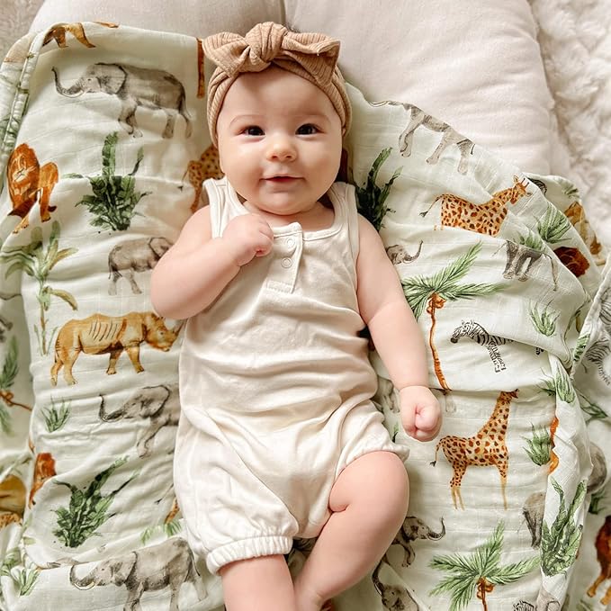 LifeTree Muslin Swaddle Blankets, Woodland Baby Swaddling Receiving Blanket for Boys & Girls, 70% Viscose from Bamboo and 30% Cotton, Large 47 x 47 inches Safari Jungle/Olive Green
