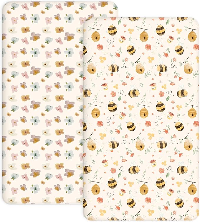 Crib Sheets for Boys and Girls, 2 Pack Fitted Baby Sheets for Standard Toddler Mattress 28" x 52", Soft Breathable Jersey Knit Baby Bedding (Bee Happy)