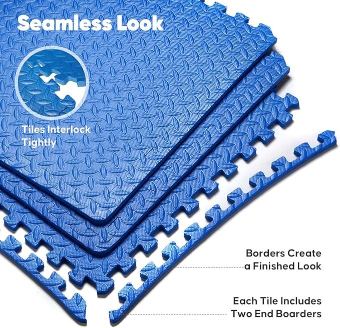 Home Gym Mat, Puzzle Exercise Mat, of EVA Interlocking Foam Floor Tiles for Home Workout Equipment and Kids' Play Areas - Blue, 24 in x 24 in x ½ in - 16 Tiles (Blue, 16 Pack 64 sq ft)