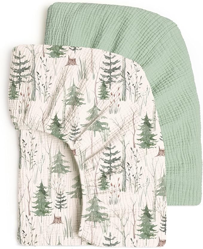 lulumoon Fitted Crib Sheets 2-Pack: Soft Muslin Cotton for Standard Crib - Boho Forest Print for Baby Boys Girls Nursery Bedding & Gift