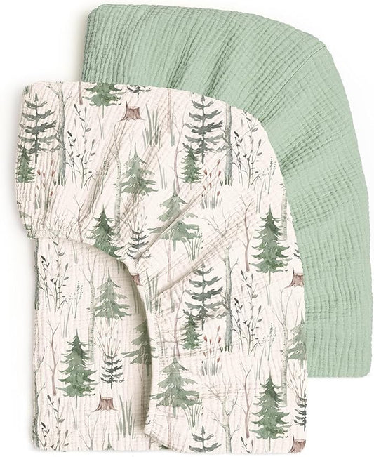 lulumoon Fitted Crib Sheets 2-Pack: Soft Muslin Cotton for Standard Crib - Boho Forest Print for Baby Boys Girls Nursery Bedding & Gift