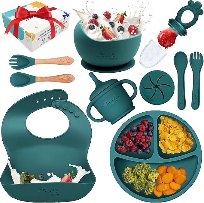 Silicone Baby Feeding Set, 10 Pcs Baby Led Weaning Supplies | BPA-Free Baby Dishes with Toddler Plates and Bowls Set, Silicone Bib, Suction Cup, Baby Spoons & Forks | Empower Independence – Green