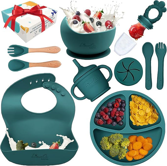 Silicone Baby Feeding Set, 10 Pcs Baby Led Weaning Supplies | BPA-Free Baby Dishes with Toddler Plates and Bowls Set, Silicone Bib, Suction Cup, Baby Spoons & Forks | Empower Independence – Green