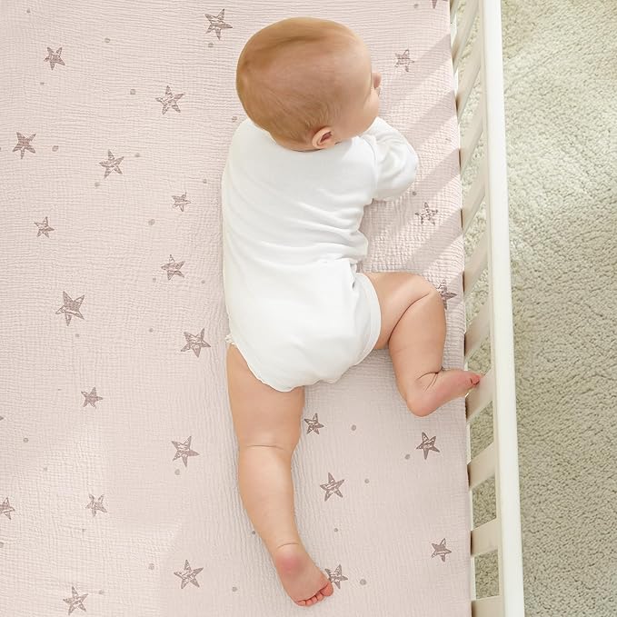 Bearmoss Muslin Crib Sheets - 100% Cotton Baby Crib Sheets Fitted for Standard Crib Mattress & Toddler Bed Mattress 52"x28" Soft Breathable Crib Sheet Neutral for Boys Girls - 2 Pack (Pink Star)