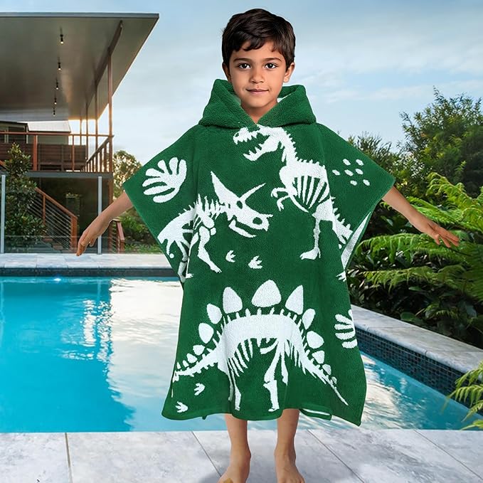 VOOVA & MOVAS Dinosaur Hooded Poncho Towels for Kids (4-8Years,28"x28"),Soft Cotton Thick Absorbent Towel Robe for Toddler Boys,Perfect for Bathroom | Pool | Swimming, Jacquard Green Dino