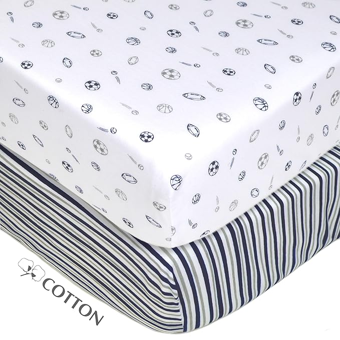 American Baby Company 2 Pack 100% Natural Cotton Fitted Crib Sheets 52" x 28" - Soft, Breathable, Hypoallergenic & Gentle Toddler Bed Sheets, Navy/Grey Sports Stripes, Neutral for Boys & Girls