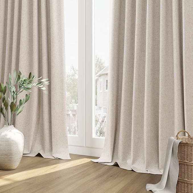 Guken Oatmeal 100% Blackout Linen Curtains 63 Inch Length 2 Panels Set for Living Room Bedroom Back Tab Thermal Insulated Black Out Linen Drapes Room Darkening Window Curtains 63 Inches Long