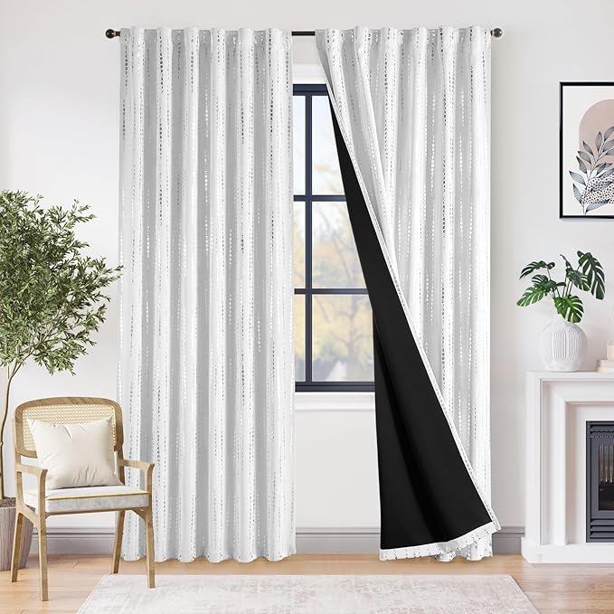 jinchan 95% Blackout Bohemian Moon Phase Print Bedroom Curtains 90 Inch Length 2 Panels Silver Curtain on White Background Pole Mouth Rear Label Thermal Curtains for Nursery