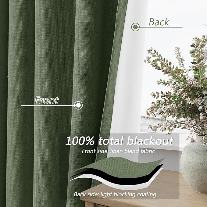 Guken Olive Green 100% Blackout Curtains 63 Inch Length 2 Panels Set for Living Room Bedroom Back Tab Thermal Insulated Black Out Linen Drapes Room Darkening Window Curtains 63 Inches Long