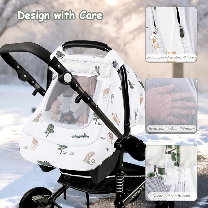 Winter Car Seat Cover Baby with Sunshade & Dual Zipper Windows - Minky Bubble Lined Windproof Soft Shell, Warm Newborn Car Seat Canopy Covers, Elastic Bottom for Stroller & Infant Car Seat, Animal
