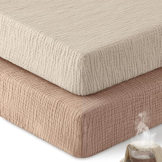 Muslin Crib Sheets for Boys Girls, 100% Cotton Fitted Crib Sheet 2 Pack for Standard Crib and Toddler Mattress, Breathable Soft Baby Sheet 28x52x8in Beige & Brown