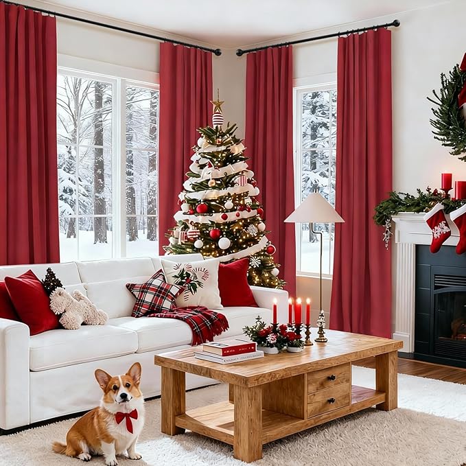 INOVADAY 100% Blackout Curtains for Bedroom, Black Out Curtains 96 Inch Long, Clip Rings Linen Blackout Drapes, Thermal Insulated Room Darkening for Living Room, 2 Panels - Ruby Red,W50xL96